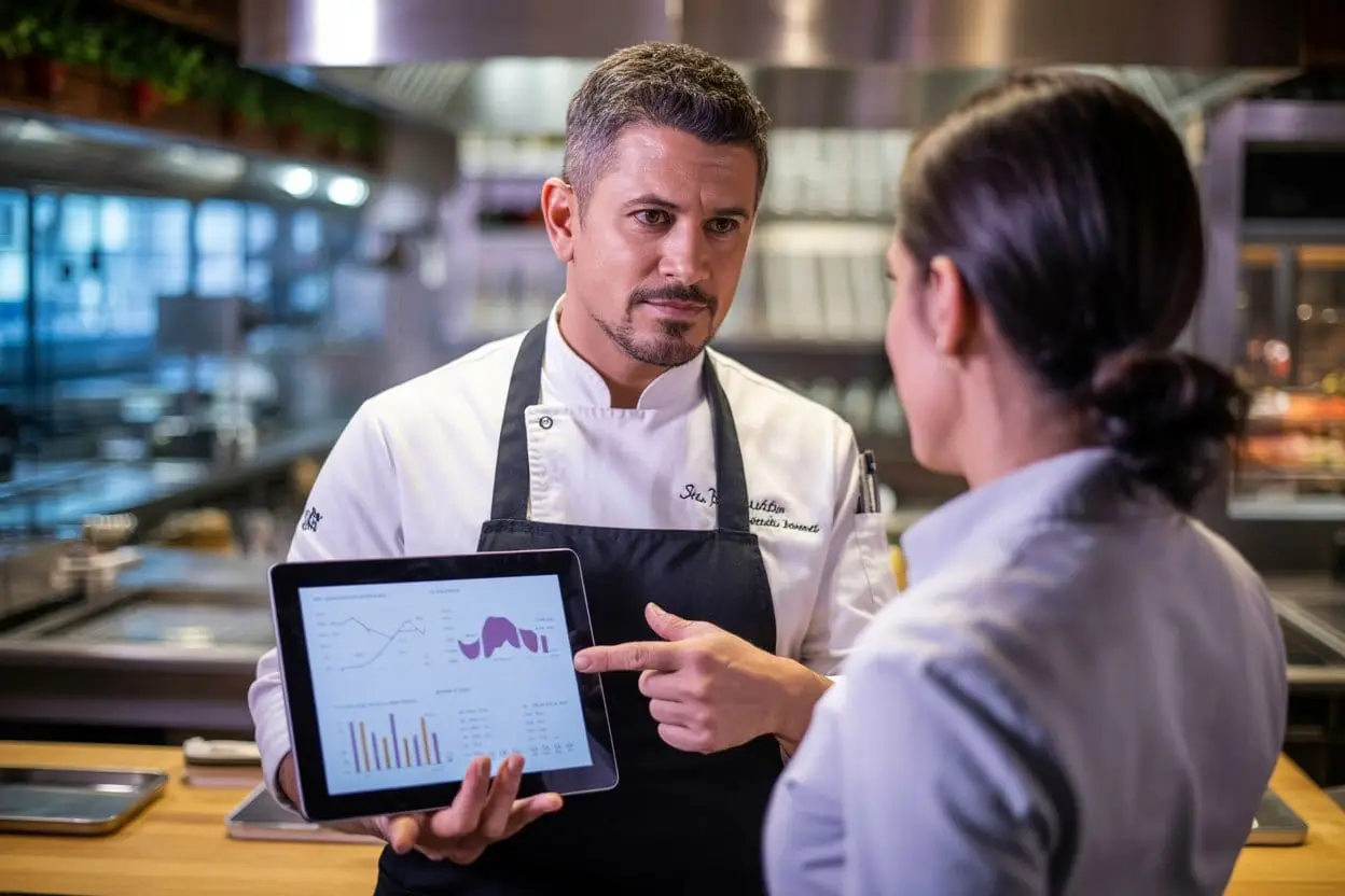 cocineros revisando datos en una tablet